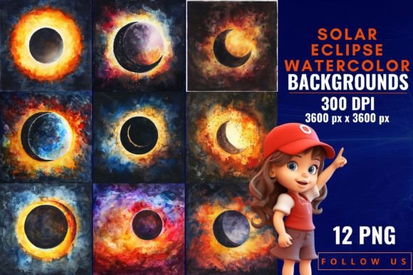 Capture Celestial Drama with Solar Eclipse Watercolor Backgrounds