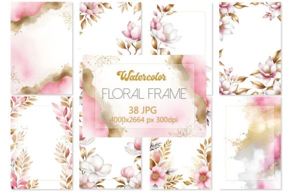 Floral Watercolor Frame Backgrounds 3: Pink & Gold Digital Art
