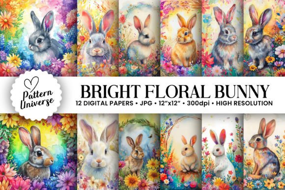 Watercolor Floral Bunny Backgrounds for Spring Crafts